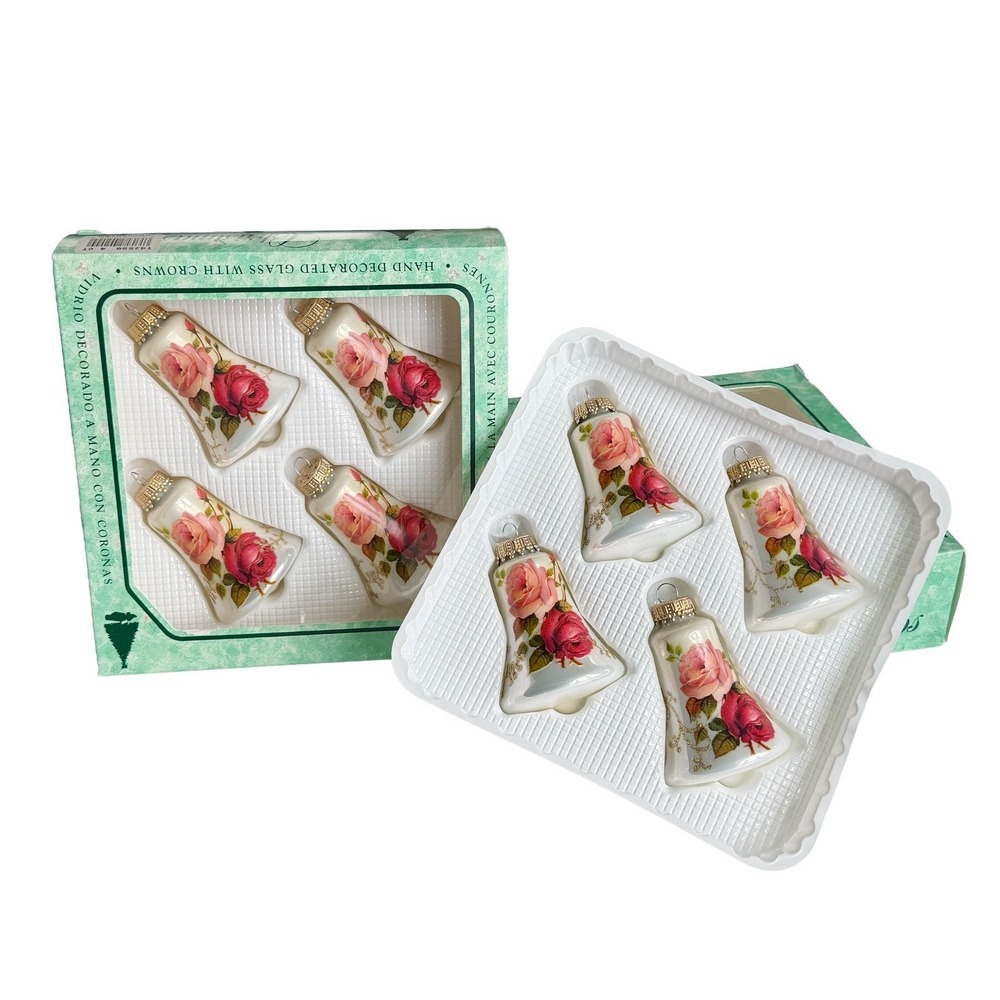 Vintage Krebs Glass Victorian Roses Bell Ornaments 3" Set of 8